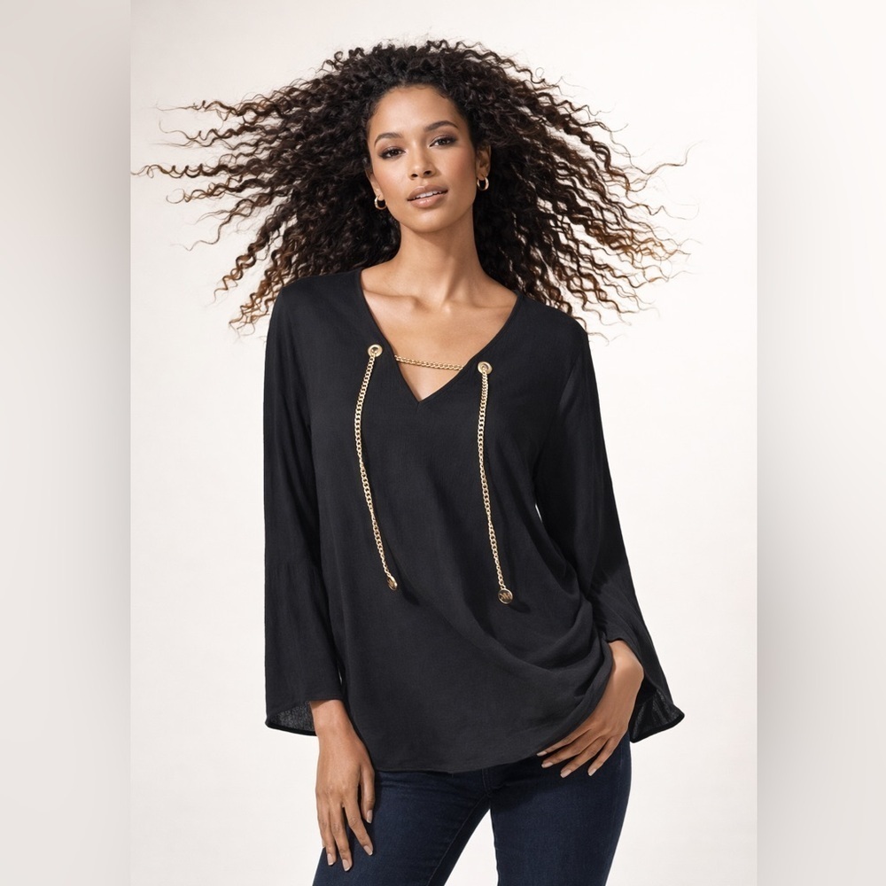 Women’s Michaels Black Blouse With Gold Chain Accent Embellishment Size L